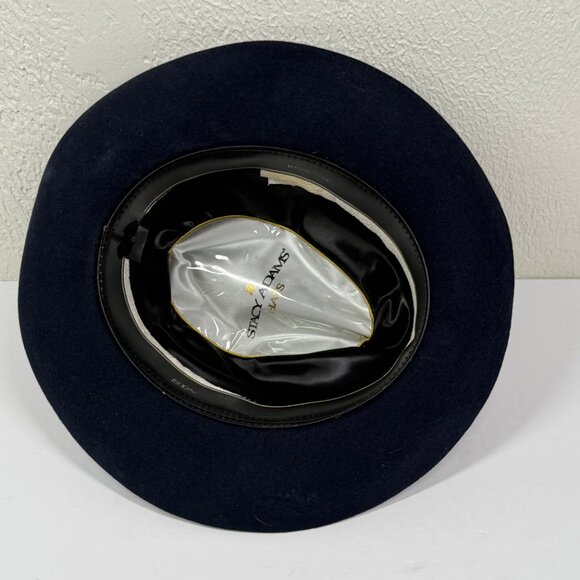 Stacy Adams Fedora Hat Wool Felt Navy Blue Feather Band XL Made in Mexico - Picture 5 of 8